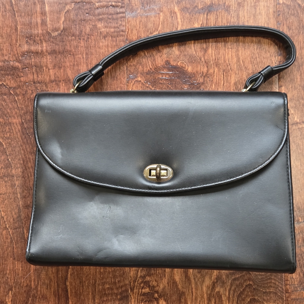 Vintage Avon Kadin Designed Classic Black Satchel with Gold Tone Turn-Lock